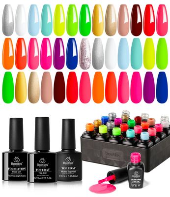 Beetles Gel Polish Set, Neon Kit 20 Colors Gel Nail Polish with 3Pcs Base Gel Top Coat Hot Pink Orange Blue Magenta Lemon Green Colors Soak Off UV Manicure Rainbow Nail