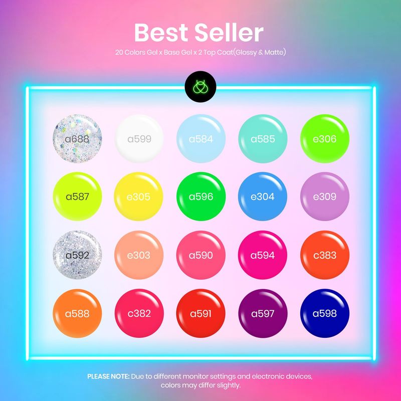 Beetles Gel Polish Set, Neon Kit 20 Colors Gel Nail Polish with 3Pcs Base Gel Top Coat Hot Pink Orange Blue Magenta Lemon Green Colors Soak Off UV Manicure Rainbow Nail