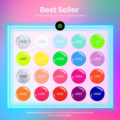 Beetles Gel Polish Set, Neon Kit 20 Colors Gel Nail Polish with 3Pcs Base Gel Top Coat Hot Pink Orange Blue Magenta Lemon Green Colors Soak Off UV Manicure Rainbow Nail