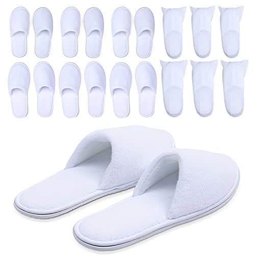 Spa Slippers, Disposable Slippers for Guests Bulk of 6 Pairs - Premium White Spa Slippers Bulk with Travel Bags - Coral Fleece Hotel Slippers for Women and Men (3 Medium and 3 Large)
