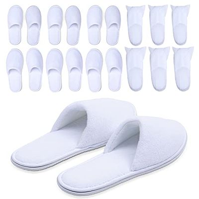 Spa Slippers, Disposable Slippers for Guests Bulk of 6 Pairs - Premium White Spa Slippers Bulk with Travel Bags - Coral Fleece Hotel Slippers for Women and Men (3 Medium and 3 Large)
