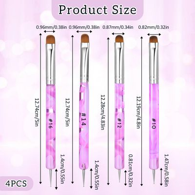 4pcs French Gel Acrylic Nail Art Brush Two Way Nail Art Brush with Dotting Professional Manicure Tool for Manicure Cuticle Clean up Detailed Designs Nail Dotting Pen (10, 12, 14, 16)