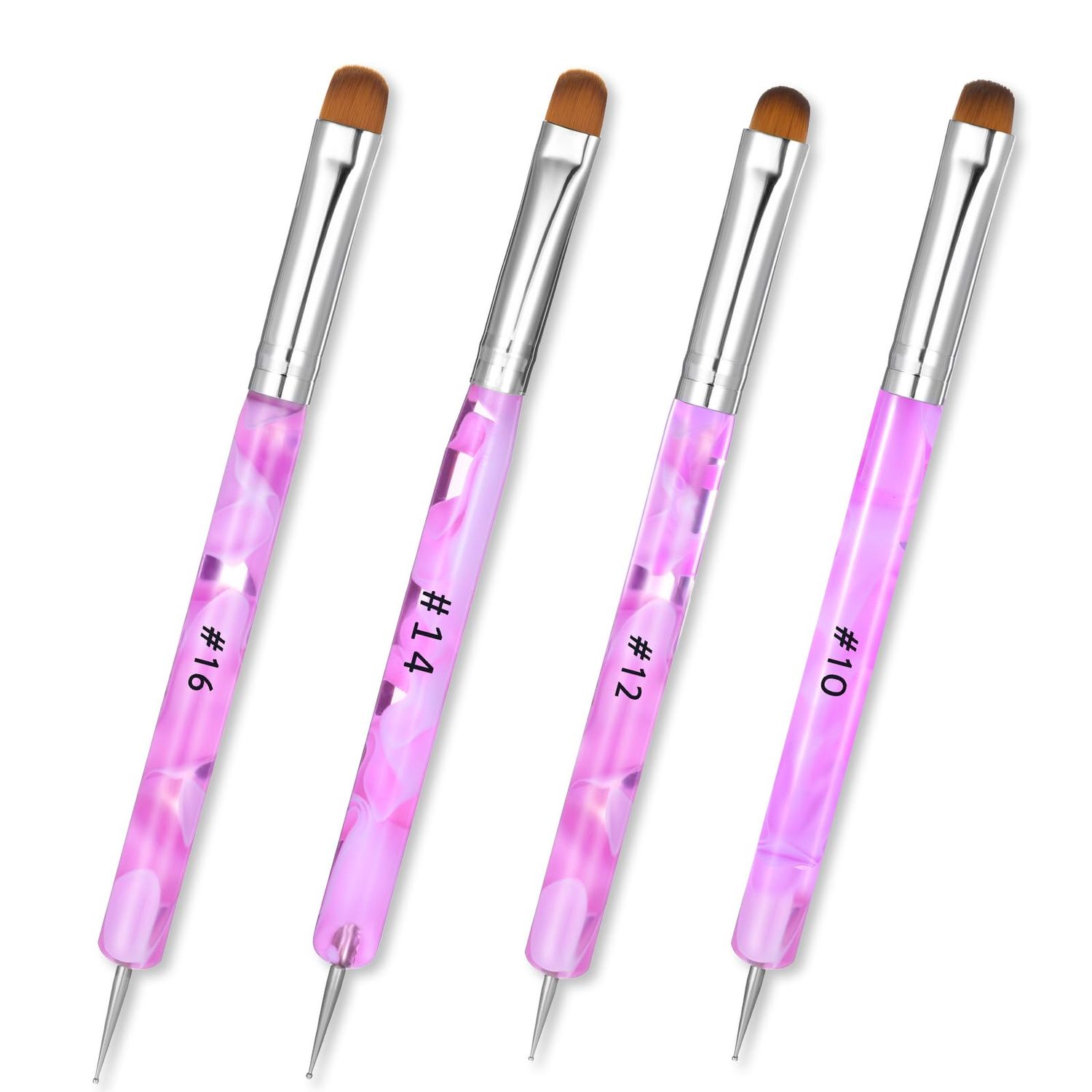 4pcs French Gel Acrylic Nail Art Brush Two Way Nail Art Brush with Dotting Professional Manicure Tool for Manicure Cuticle Clean up Detailed Designs Nail Dotting Pen (10, 12, 14, 16)