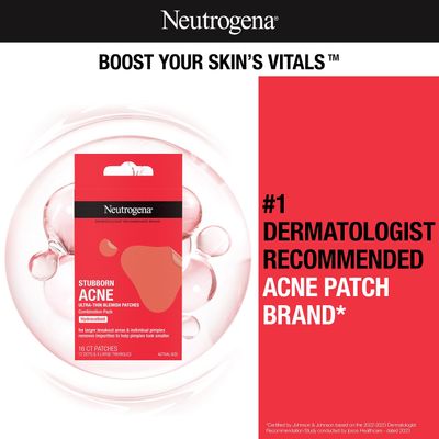 Neutrogena Stubborn Acne Blemish Patches Combination Pack, Ultra-Thin Hydrocolloid Acne Patch Absorbs Fluids &amp; Removes Impurities To Help Pimples Look Smaller, 2 Sizes, 16 Patches