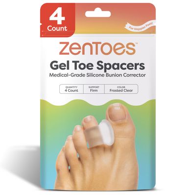 ZenToes Gel Toe Separators for Overlapping Toes, Bunions, Big Toe Alignment, Corrector and Spacer - 4 Pack (Firm Frosted Clear)