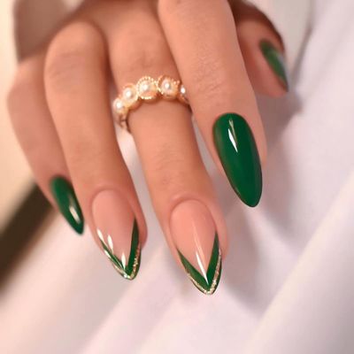 Green Press on Nails Medium Almond Fake Nails French Tip False Nails with Design Gold Line Glue on Nails Full Cover Glossy Acrylic Stick on Nails Green Artificial Nails for Women Girls Manicure 24Pcs