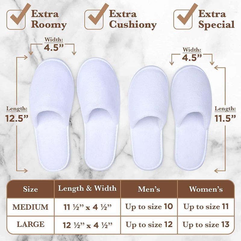 Spa Slippers, Disposable Slippers for Guests Bulk of 6 Pairs - Premium White Spa Slippers Bulk with Travel Bags - Coral Fleece Hotel Slippers for Women and Men (3 Medium and 3 Large)
