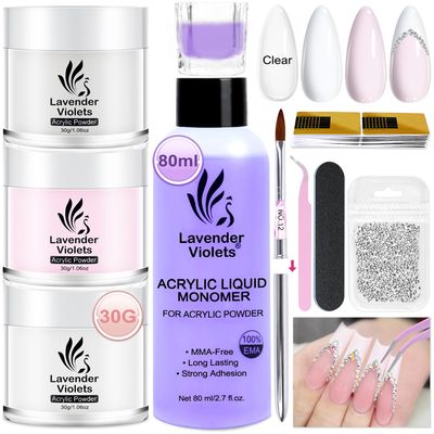 LAVENDER VIOLETS Acrylic Nail Kit for Beginners - 30g Clear White Pink Powder and 80ml Acrylic Liquid Set with Brush, Nail Forms, and Tools Professional Nail Set for Home DIY N301