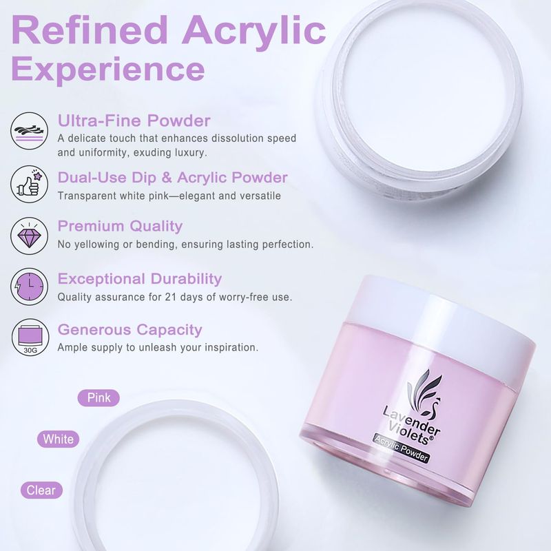 LAVENDER VIOLETS Acrylic Nail Kit for Beginners - 30g Clear White Pink Powder and 80ml Acrylic Liquid Set with Brush, Nail Forms, and Tools Professional Nail Set for Home DIY N301