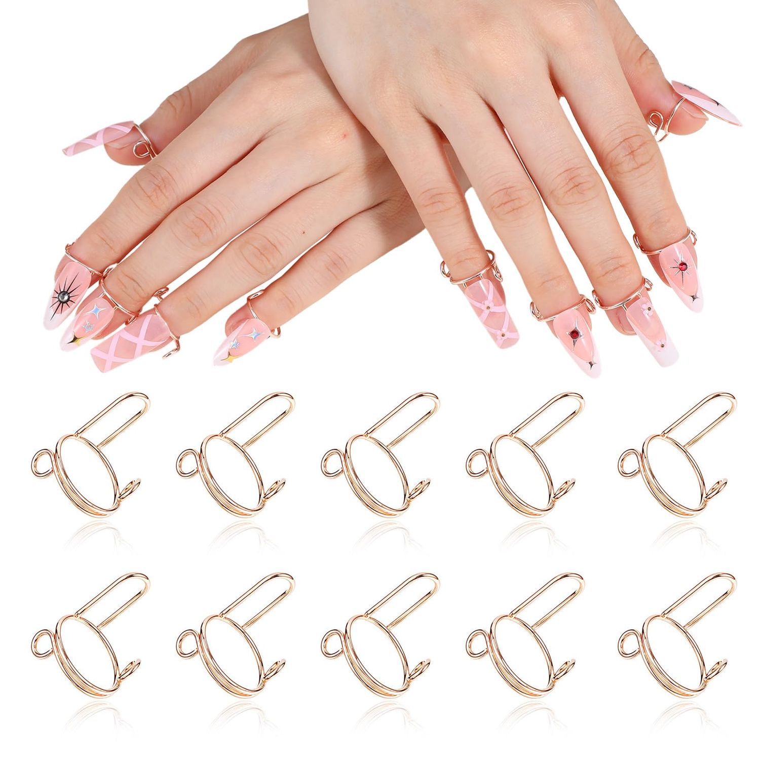 Tyqour 10Pcs Wudu Nail Rings with Nails Attached, Adjustable Metal Nail Rings for Women, Reusable Detachable Fingernail Rings, Perfect for Nail Art Set - Rose Gold