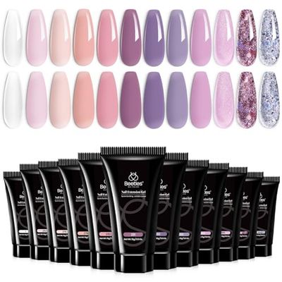 Beetles Poly Nail Extension Kit, 12 Colors Flexible Rose Poly Nail Gel Nail Kit Clear White Pink Purple Glitter Beetles Poly Nail Extension Gel Kit Nail Art Design Easy DIY Salon Gift for Women