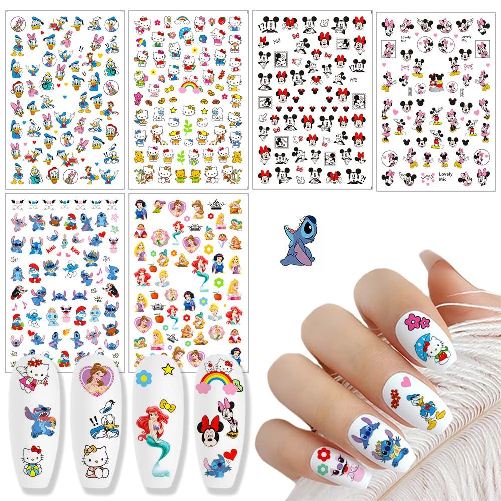 6 Sheets 3D Self-Adhesive Cartoon Nail Art Stickers - Cute Mouse Decals for Women Girls - Kawaii Anime DIY Manicure Tips Decoration Supplies