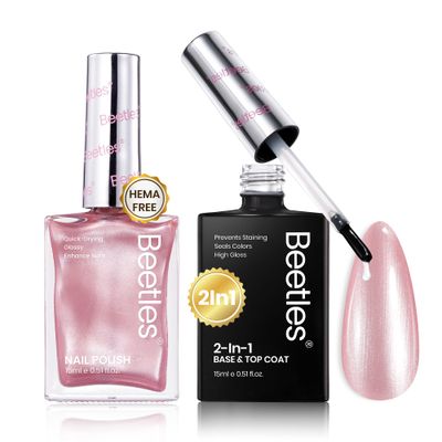 Beetles Nail Polish,15 ML Pearl Pink Nail Polish with 2 in 1 Base Top Coat Nail Polish-Fast Drying &amp; Long Lasting Pearl Valentine Nail Polish Romantic Reverie Valentines Day Gift for Women