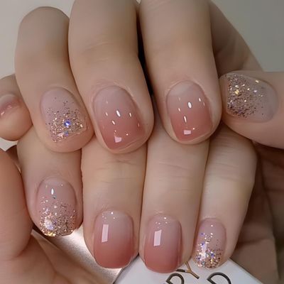 YEFIUO Spring Square Ombre Press On Nails Short - 24 Pcs Extra Short Fake Nails Press ons,Blush Ombre French Nail Tips Acrylic Nail Kit,Artificial Acrylic False Nails with Sequins Glitter Design Women