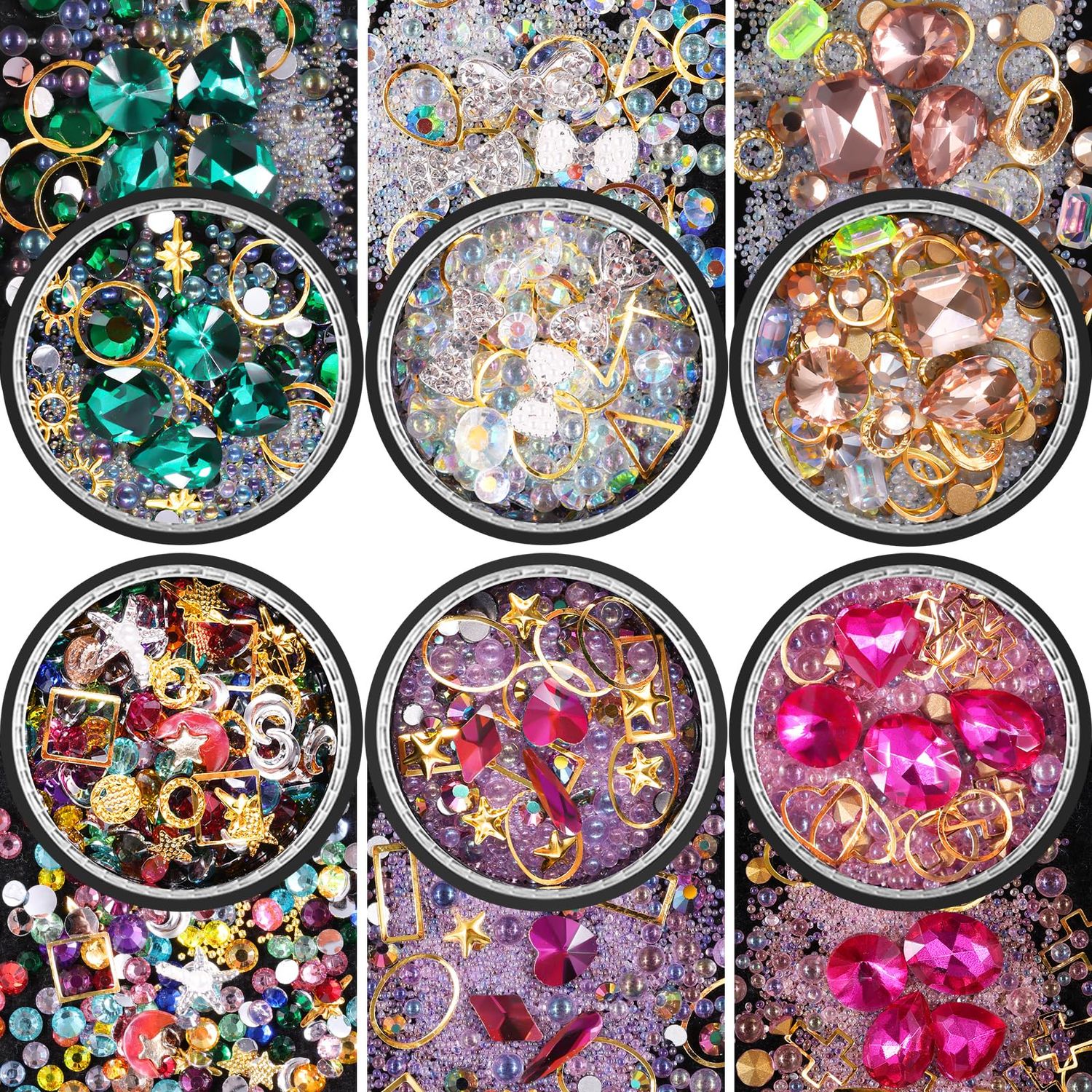 editTime 6 Wheels Mixed Sparkle Nail Art Rhinestones Diamonds Crystals Butterfly Beads Artificial Pearls Gold Silver Nail Studs Gems Metal Hollow Rivets Charms (Micro Caviar Beads kit)