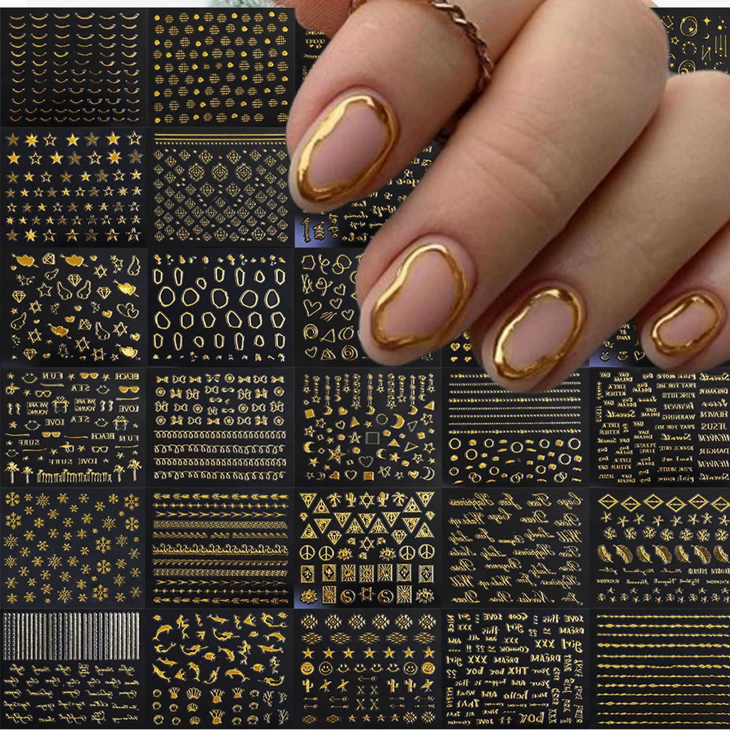 IDDFEVE 30 Sheets Gold Star Nail Art Stickers - Minimalism Line Self-Adhesive 3D Nail Decals for DIY Golden Manicure