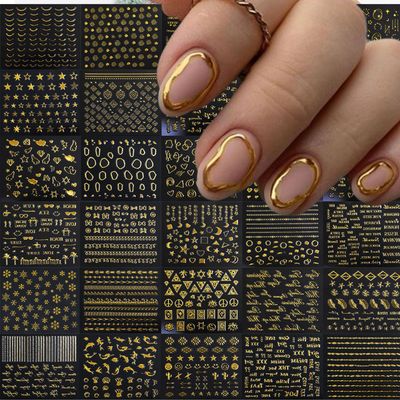 IDDFEVE 30 Sheets Gold Star Nail Art Stickers - Minimalism Line Self-Adhesive 3D Nail Decals for DIY Golden Manicure