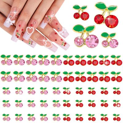 50Pcs 2 Sizes 3D Cherry Nail Charms, Pink Red Shiny Cute Fruit Luxury Gems, Crystal Diamond Jewels Studs with Rhinestones for Nail Design, Nail Art Decoration Set for Acrylic Nails