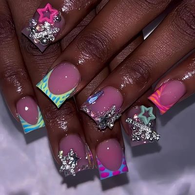 FIEONCIY Press on Nails Duck Shaped Glossy Full Cover Acrylic Duck False Nails with Designs Artificial Medium Duck Shaped Fake Nails with Charms Glue ons Fingernails for Women Girls(CC20)