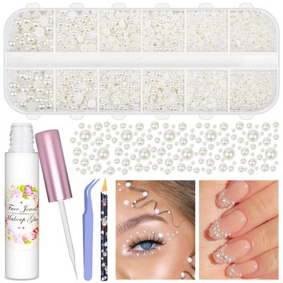 3600Pcs Face Gems Eye Pearls with SFX Makeup Glue Spirit Adhesive for Costume, Shynek Half Pearls Hair Pearls Beads Face Adhesive Makeup Gems Flatback Pearls for Nail Hair Makeup Jewels Cosplay