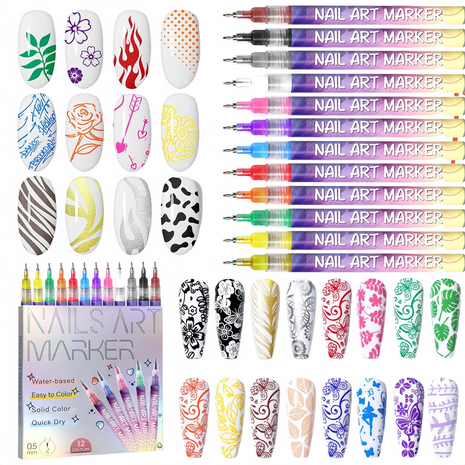 MKNZOME 12 Color Nail Art Pens, 0.5 MM Nail Polish Pens Set Drawing Painting Point Liner Acrylic Painted Pen Kit, Waterproof and Quick-drying Nail for DIY Nails Art Design Manicure Tools