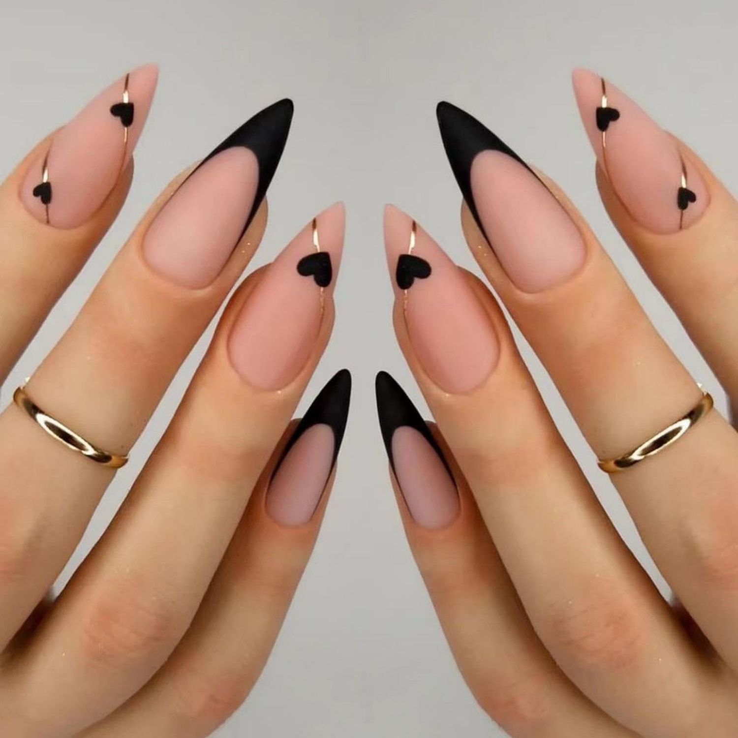 Black French Tip Press on Nails Medium Almond Fake Nails with Black Heart Design Gold Line Stick on Nails Glossy Acrylic Full Cover Glue on Nails Stiletto False Nail For Women Mothers Day Manicure