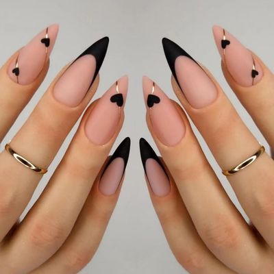 Black French Tip Press on Nails Medium Almond Fake Nails with Black Heart Design Gold Line Stick on Nails Glossy Acrylic Full Cover Glue on Nails Stiletto False Nail For Women Mothers Day Manicure