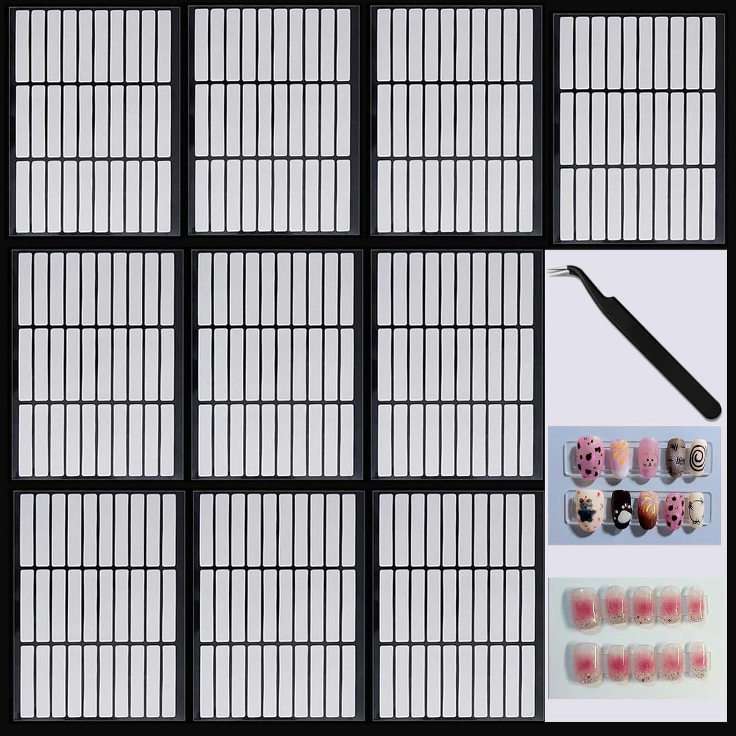 10 Sheets Double Sided Tape Nail Tape for Press On Nails Double Sided Nail Tape Nail Art Display Strip Tape for Nail Packaging Nail Storage Nail Display Nail Salon Supplies Organizer with Tweezer