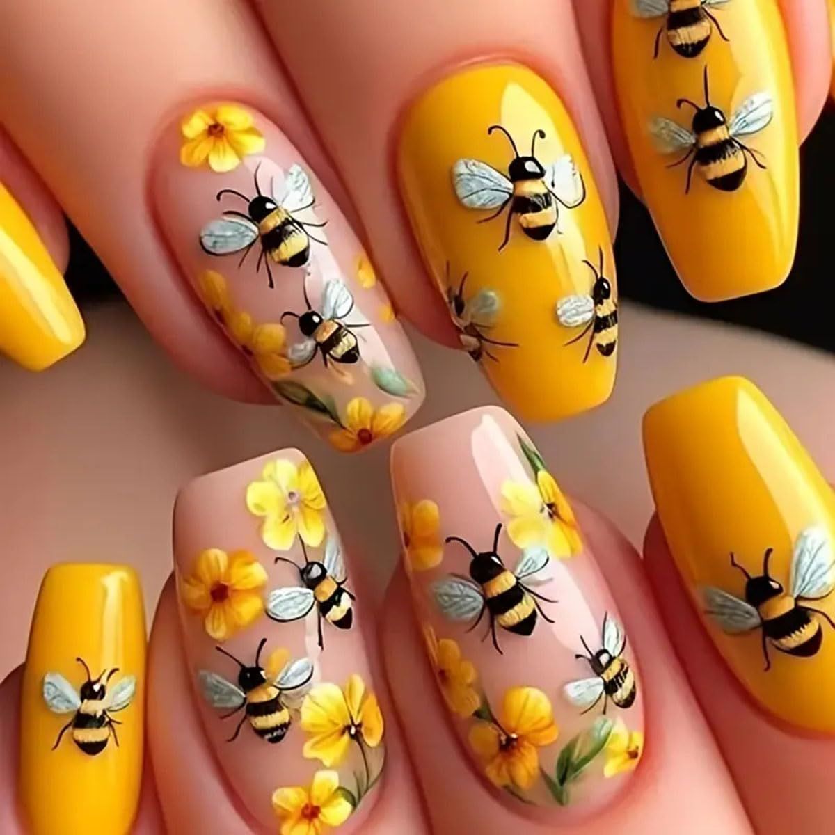 24 Pcs Yellow Press on Nails Medium Square 3D Relief Bumblebee Design - ZIFANHU Spring Acrylic Nail Art Kit Fake Nails Press ons Nail Tips Full Cover Cute Flower False Nails for Women Manicure