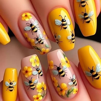24 Pcs Yellow Press on Nails Medium Square 3D Relief Bumblebee Design - ZIFANHU Spring Acrylic Nail Art Kit Fake Nails Press ons Nail Tips Full Cover Cute Flower False Nails for Women Manicure