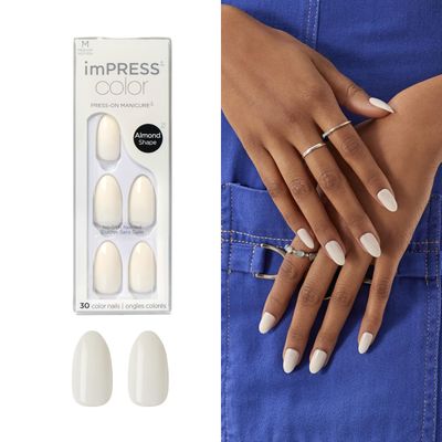 KISS imPRESS No Glue Mani Press On Nails, Color, Ballroom, White, Medium Size, Almond Shape, Includes 30 Nails, Prep Pad, Instructions Sheet, 1 Manicure Stick, 1 Mini File