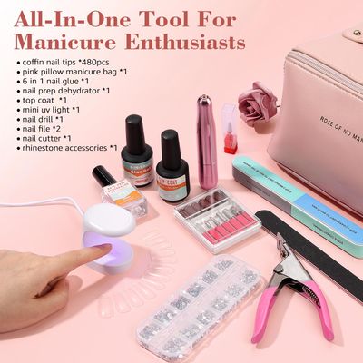Wilfniee Gel Nail Kit for Beginner, Gel Nail Tips and Glue Gel Kit with 6 in 1 Nail Glue, Nail Prep Dehydrator, Top Coat and 480PCS Coffin Nails Tips Fake Nails Kit Easy Nail Extension Set