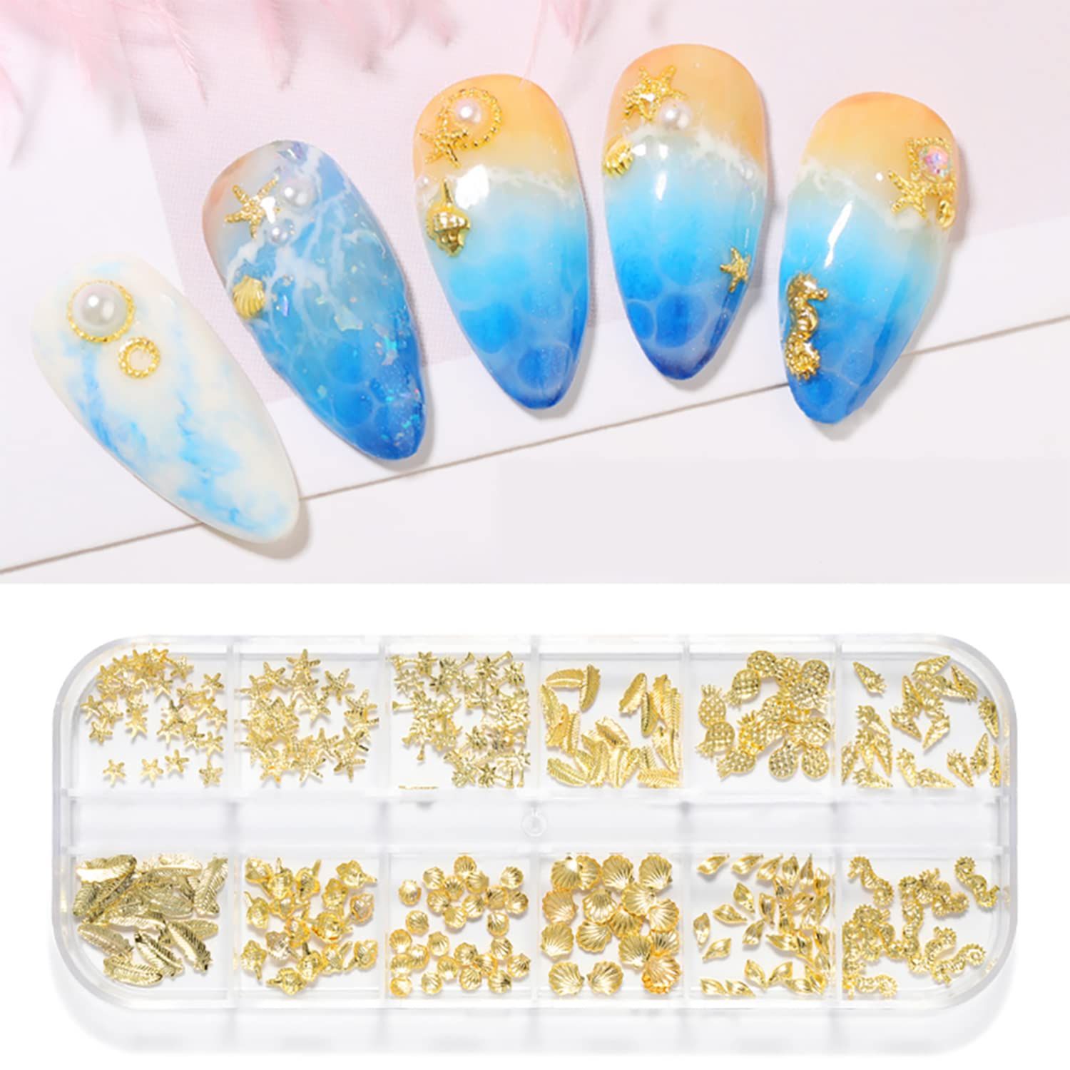 3D Gold Nail Studs Shell Metal Nail Art Charms Sparkle Mix Shapes Seashell Star Jewels Pineapple Feathers Rivet Design Nail Charms for Women Summer DIY Crafts Manicure Decorations