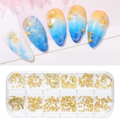 3D Gold Nail Studs Shell Metal Nail Art Charms Sparkle Mix Shapes Seashell Star Jewels Pineapple Feathers Rivet Design Nail Charms for Women Summer DIY Crafts Manicure Decorations