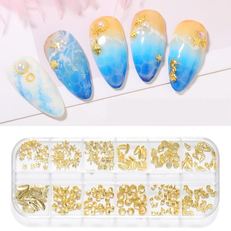 3D Gold Nail Studs Shell Metal Nail Art Charms Sparkle Mix Shapes Seashell Star Jewels Pineapple Feathers Rivet Design Nail Charms for Women Summer DIY Crafts Manicure Decorations