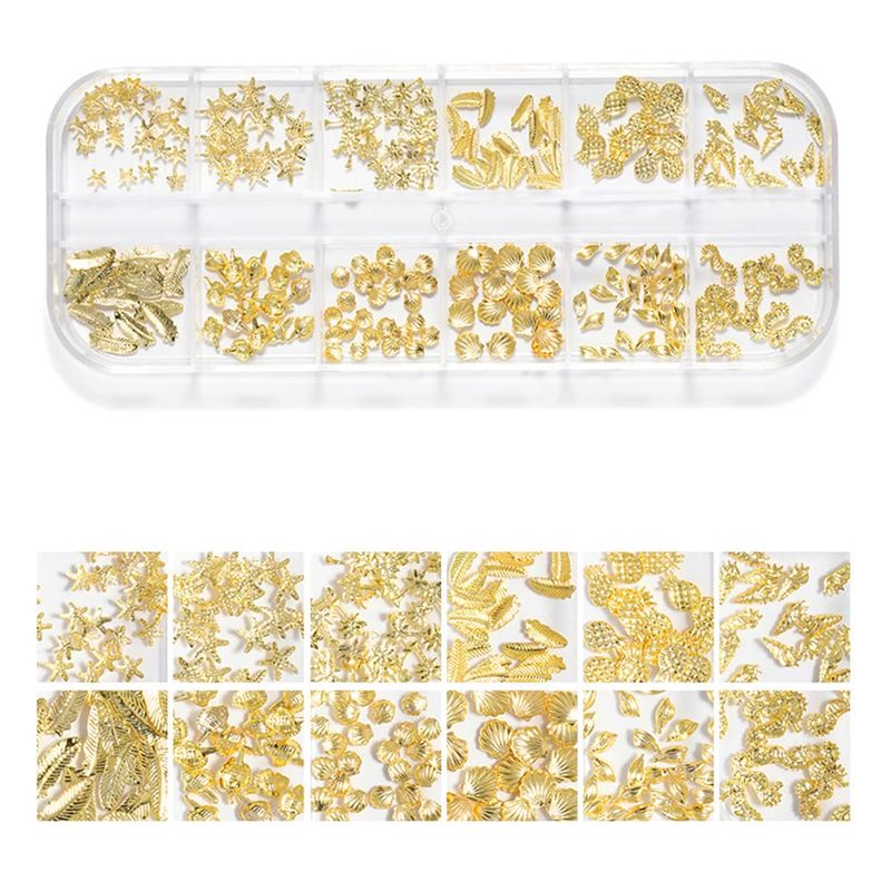 3D Gold Nail Studs Shell Metal Nail Art Charms Sparkle Mix Shapes Seashell Star Jewels Pineapple Feathers Rivet Design Nail Charms for Women Summer DIY Crafts Manicure Decorations