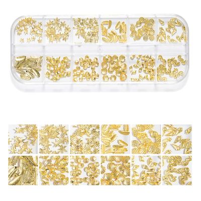 3D Gold Nail Studs Shell Metal Nail Art Charms Sparkle Mix Shapes Seashell Star Jewels Pineapple Feathers Rivet Design Nail Charms for Women Summer DIY Crafts Manicure Decorations