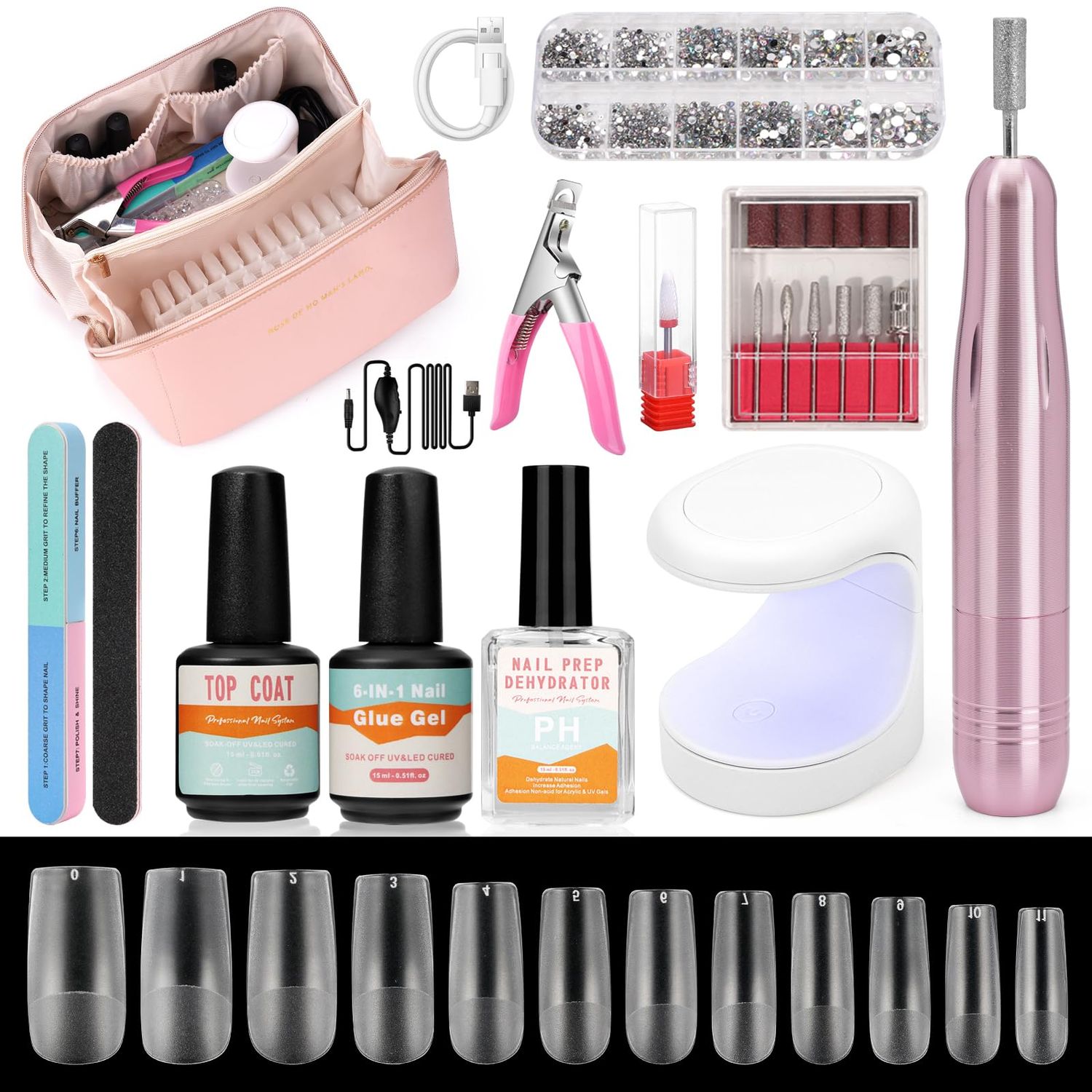 Wilfniee Gel Nail Kit for Beginner, Gel Nail Tips and Glue Gel Kit with 6 in 1 Nail Glue, Nail Prep Dehydrator, Top Coat and 480PCS Coffin Nails Tips Fake Nails Kit Easy Nail Extension Set