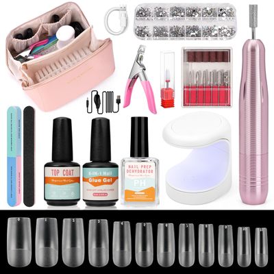 Wilfniee Gel Nail Kit for Beginner, Gel Nail Tips and Glue Gel Kit with 6 in 1 Nail Glue, Nail Prep Dehydrator, Top Coat and 480PCS Coffin Nails Tips Fake Nails Kit Easy Nail Extension Set