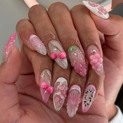 3D Fruit Press on Nails Medium Almond Fake Nails With Cherry Oranges Strawberry Designs Pink False Nails Glossy Glue on Nails Full Cover Artificial Stick on Nails for Women 24 Pcs