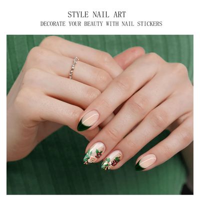 JMEOWIO Gel Nail Stickers Green French Tip Flower Semi Cured Gel Nail Strips Wraps UV/LED Nails Art Design Decoration Accessories