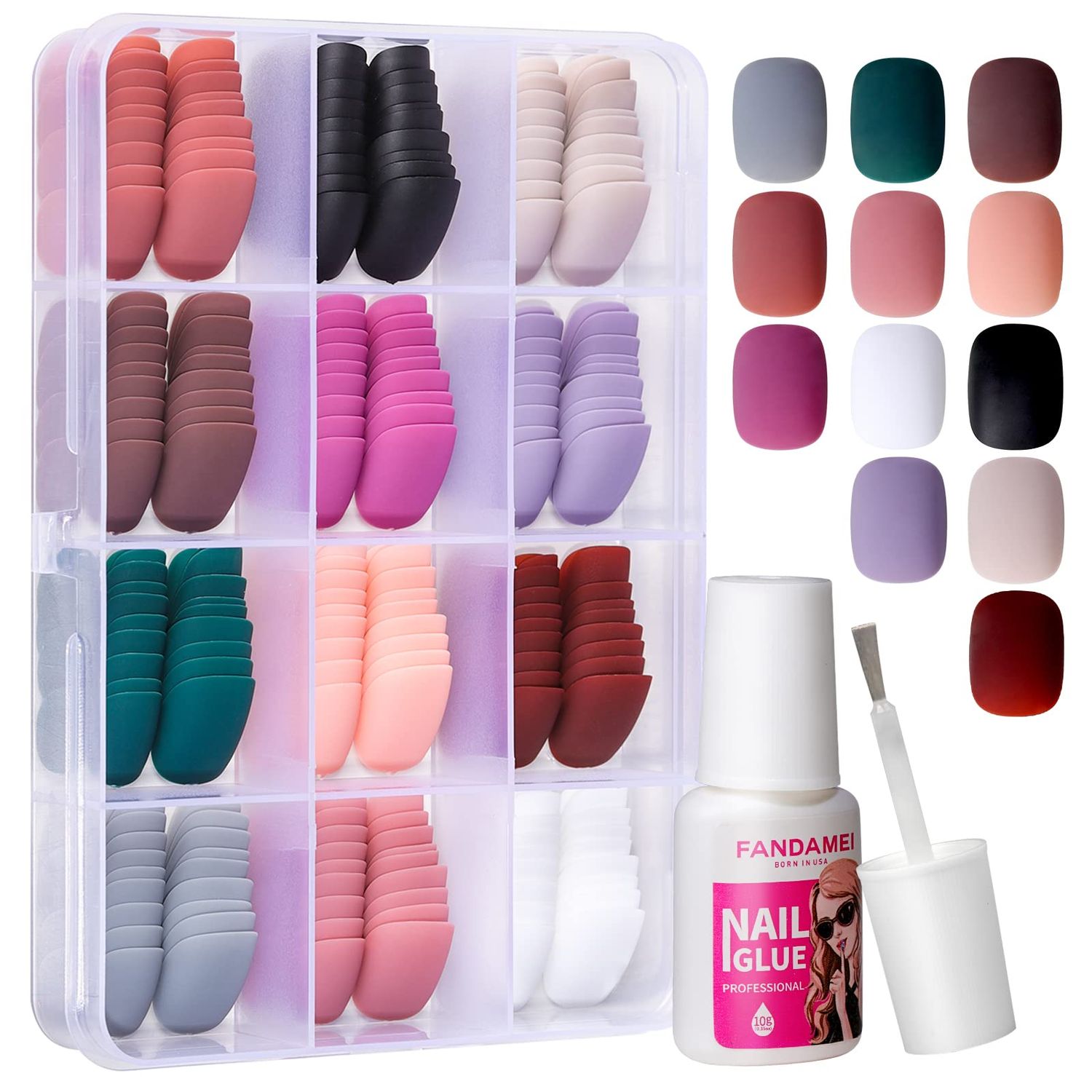 FANDAMEI Matte Press on Nails Short, 12 Packs 288PCS Acrylic Full Cover Small Fake Nails with 10g Nail Tips Glue, 12 Solid Color False Nails for Small Hands