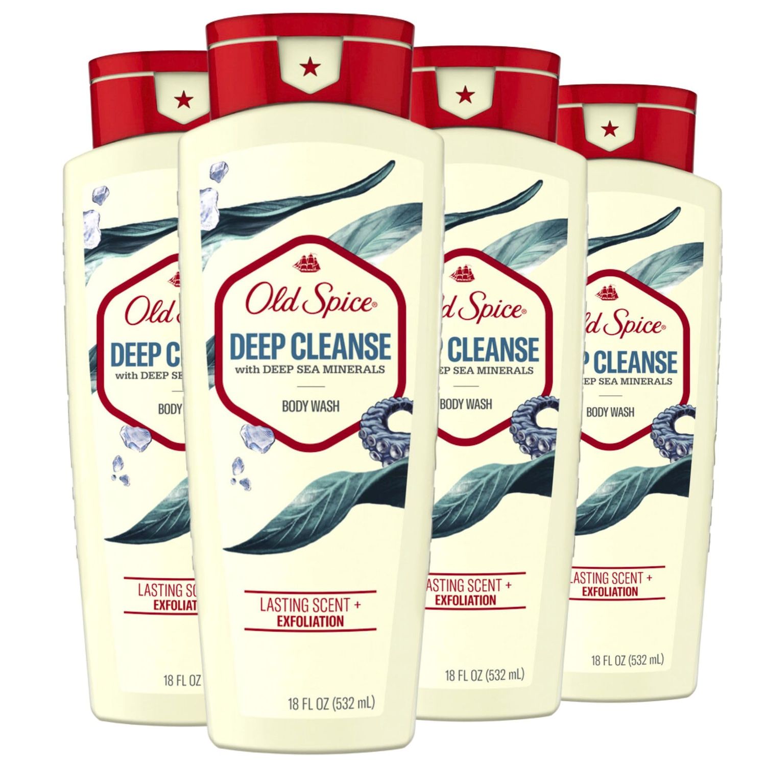 Old Spice Cleansing Body Wash for Men, 24/7 Shower Fresh with Lasting Scent, Exfoliate &amp; Cleanse, Gentle on Skin, Vitamin B3, Deep Sea with Ocean Waves Kelp Scent, 18 oz (Pack of 4)