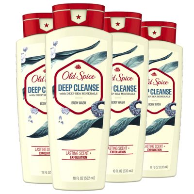 Old Spice Cleansing Body Wash for Men, 24/7 Shower Fresh with Lasting Scent, Exfoliate &amp; Cleanse, Gentle on Skin, Vitamin B3, Deep Sea with Ocean Waves Kelp Scent, 18 oz (Pack of 4)