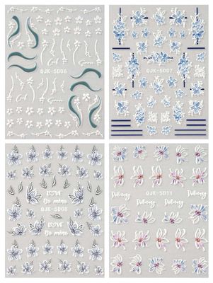 JMEOWIO 3D Embossed Spring Flower Nail Art Stickers Decals Self-Adhesive Pegatinas Uas 5D Colorful Summer Floral Nail Supplies Nail Art Design Decoration Accessories 4 Sheets