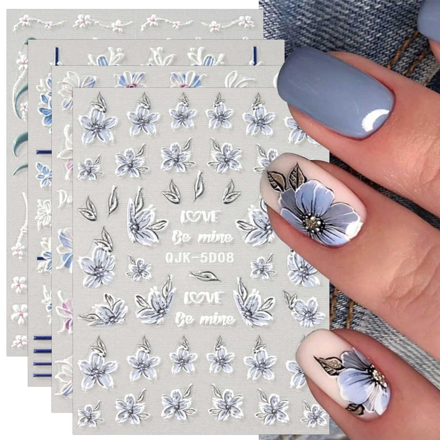 JMEOWIO 3D Embossed Spring Flower Nail Art Stickers Decals Self-Adhesive Pegatinas Uas 5D Colorful Summer Floral Nail Supplies Nail Art Design Decoration Accessories 4 Sheets