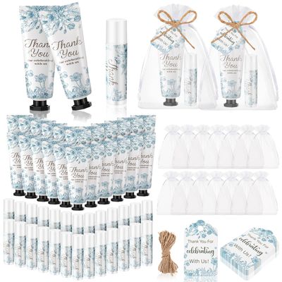 Swiffen 48 Sets 192 Pcs Baby Bridal Shower Hand Cream and Lip Balm Gift Baby Shower Wedding Party Favor Travel Size Hand Lotion and Lip Balm Bulk with Organza Bags Tags for Guests(Blue Flower)