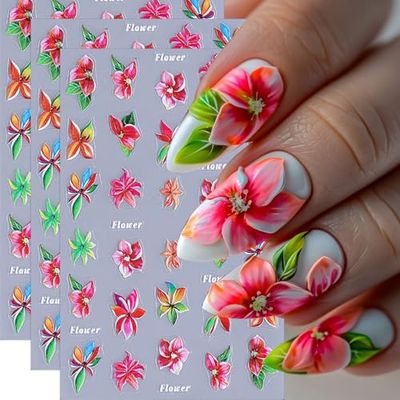 Flower Nail Art Stickers Decals Tropical Style Nail Decals 3PCS Self-Adhesive Colorful Floral Design Summer Nail Art Supplies for Women DIY Nail Decorations Nail Charms Accessories