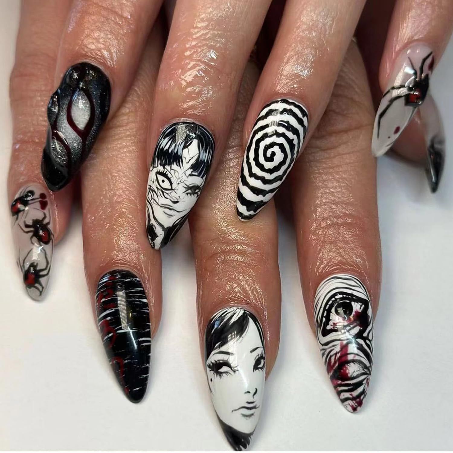 24Pcs Gothic Press on Nails Medium Almond Fake Nails Punk Cartoon Anime Design Black White Full Cover Glue on Nails Horror Gothic Designs French False Nails for Women Girls Acrylic Manicure Decor