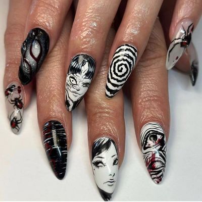 24Pcs Gothic Press on Nails Medium Almond Fake Nails Punk Cartoon Anime Design Black White Full Cover Glue on Nails Horror Gothic Designs French False Nails for Women Girls Acrylic Manicure Decor